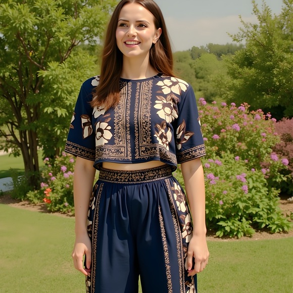 Floral Navy Blouse and Pant - Picture 2 of 3